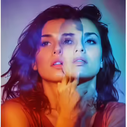 a woman looks up to her left with her fingers on her face