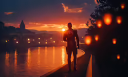 man standing next to lake at night looking away