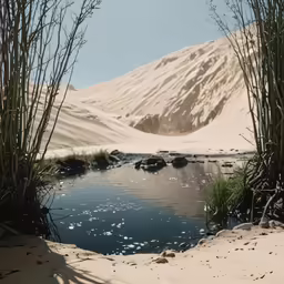 a river flows out of the sand between two grasses