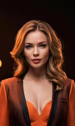 a woman with a very long hair in an orange dress