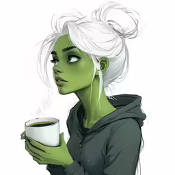 a drawing of a green haired girl holding a cup of coffee