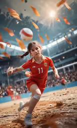 young girl running toward a ball in the middle of a beach