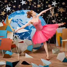 a ballerina in an orange skirt balancing on a string