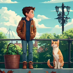 a boy stands on a ledge with his cat
