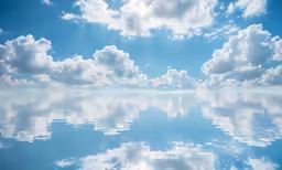 clouds and reflections on the water and a blue sky