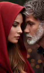 a man and woman dressed in red are staring at each other