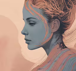 a girl with long hair wearing a dress is profile to the left,a painting of a woman with flowing hair