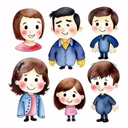 people with different facial expressions drawn by hand,people that are wearing various suits and colors,an illustrated of a man and a woman in different poses,there is a family picture with a man and woman,various kids are standing together on the same drawing