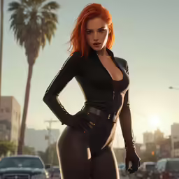 a woman with red hair wearing black outfit