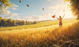 a person in the grass with some kites