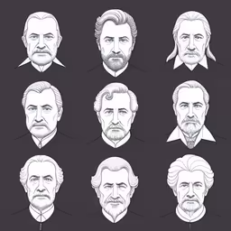 a set of seven old presidents,a black and white image of different men,many different heads of old men with beards,the most famous people are in this sketch,several different kinds of presidents from from left to right - president lincoln, george washington, john d rockefeller, president roosevelt, abraham lincoln