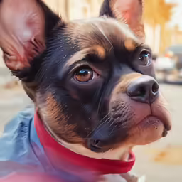 a dog with big ears looking away from the camera