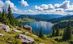 a lake on the mountain side surrounded by lush green trees