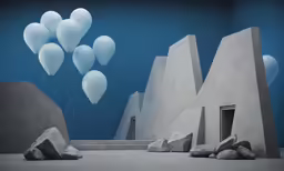 some balloons floating in the air over a set of steps