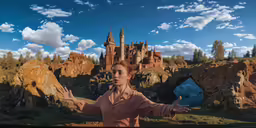 an artistic illustration of a woman with a castle in the background