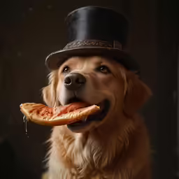 the dog has a very large piece of pizza in his mouth