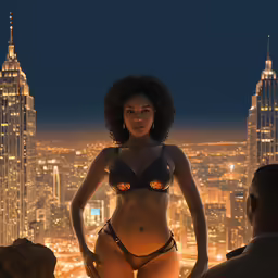 the woman with an afro is standing in front of a cityscape