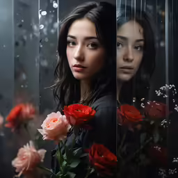 a girl with a black top is looking at another girl behind glass