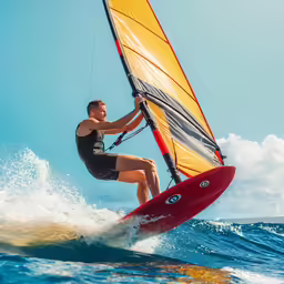 a man riding a sail board on top of waves