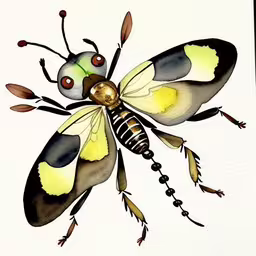 a drawing of a insect on top of a white sheet,painting of a beetle with multiple colors and lots of antennae