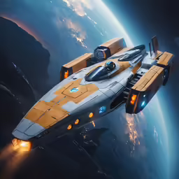 a futuristic flying vehicle above the earth