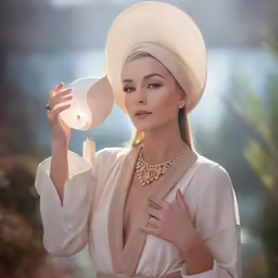 a woman wearing a white dress and a big hat