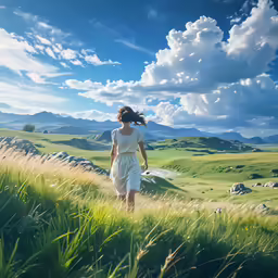 a woman walking through a green valley filled with mountains