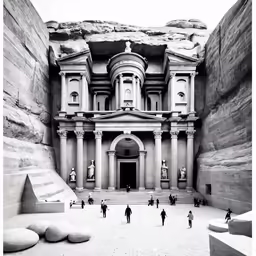 a black and white photo of people standing near a building