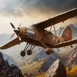 a single engine airplane flying over a rocky terrain