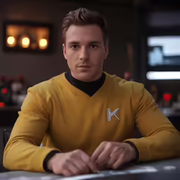 a male in a yellow shirt sitting at a table