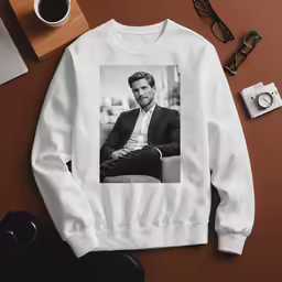 a white sweatshirt with the image of a man wearing a suit and tie