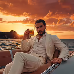a man in a suit sits on the back of a boat holding a glass of beer