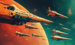the jetliners are flying past other jets in space