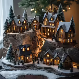 a group of houses sitting on top of a small tree