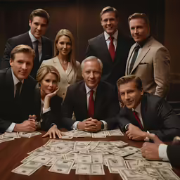 a group of men and women sitting at a table with one man in front of a pile of money