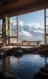 large open window with mountains and water in the background
