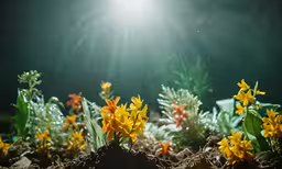 sun peeking into the bright light shining on yellow flowers