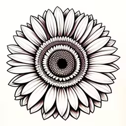 a drawing of a sunflower on a white paper,a drawing of a large white flower,a sunflower that is black and white,a large sunflower drawing in black and white,the large flower has black and white stripes