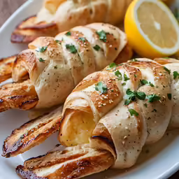 an assortment of baked bread and sliced lemon on a white plate