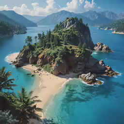 a scenic beach with a sand - filled shore surrounded by green mountains