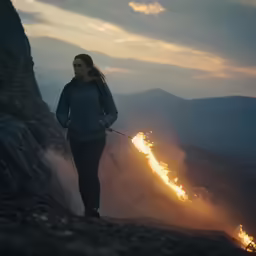 a woman standing on top of a mountain holding a wand