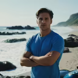a man on a motorcycle with his arms crossed by the beach