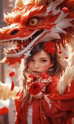 a girl wearing a dragon costume on a rainy day