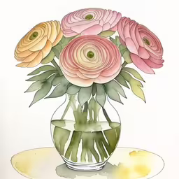 watercolor painting of pink flowers in vase on table,a painting of flowers in a vase is featured