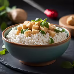 a bowl of rice and green garnish sits on a table