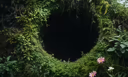 a group of flowers in front of a black hole