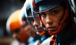 two women wearing helmets and a man in a suit