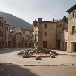 an old building with bricks in the middle of a deserted road