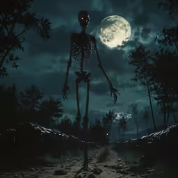 a skeleton with a skull is standing in the forest