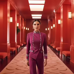 a woman in purple stands near some chairs